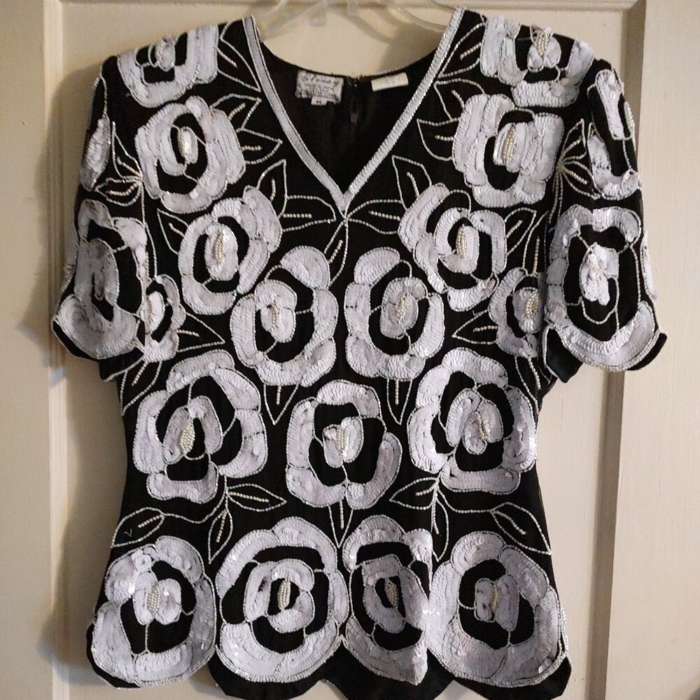 80’s Vintage Stenay White Floral Beaded Sequin Blouse Deadstock size  medium